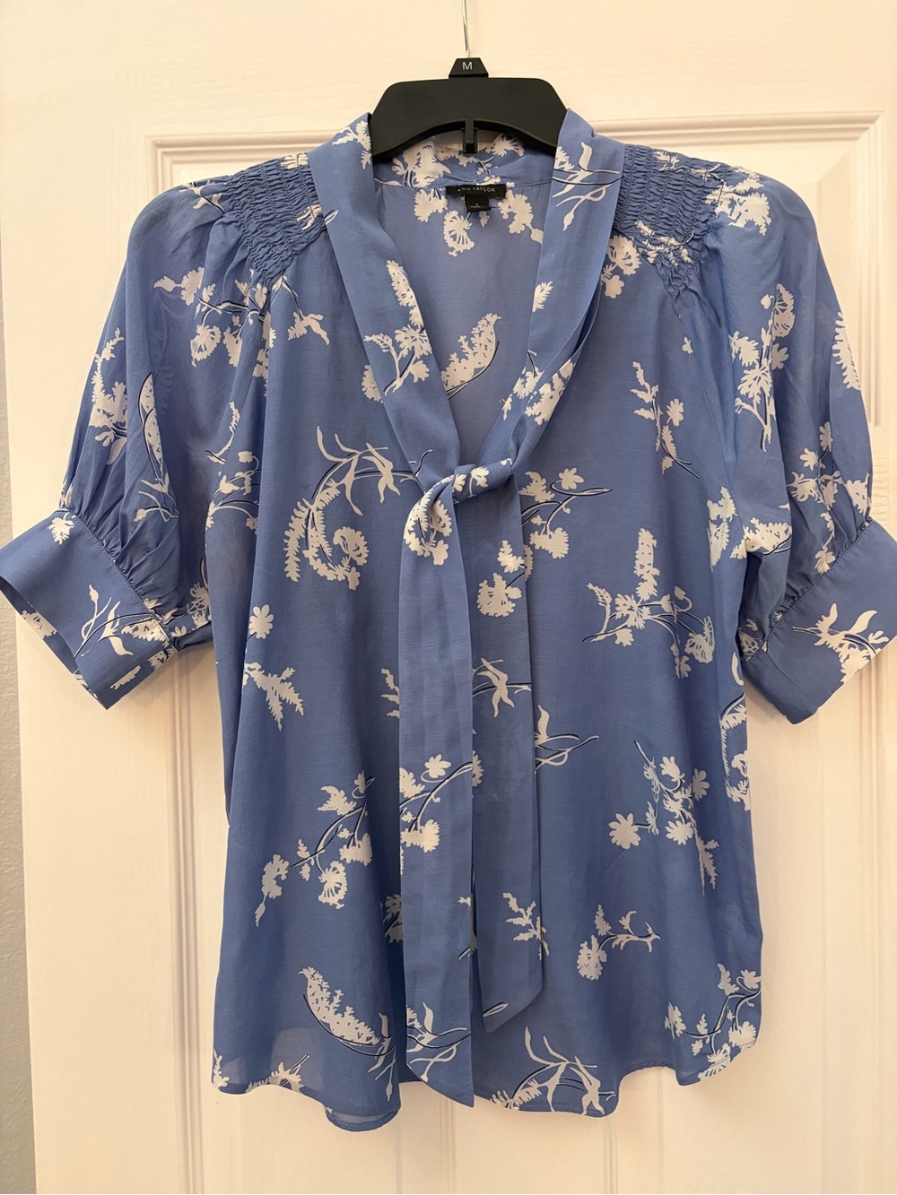 Ann Taylor Blue and White Floral Tie-Neck Blouse